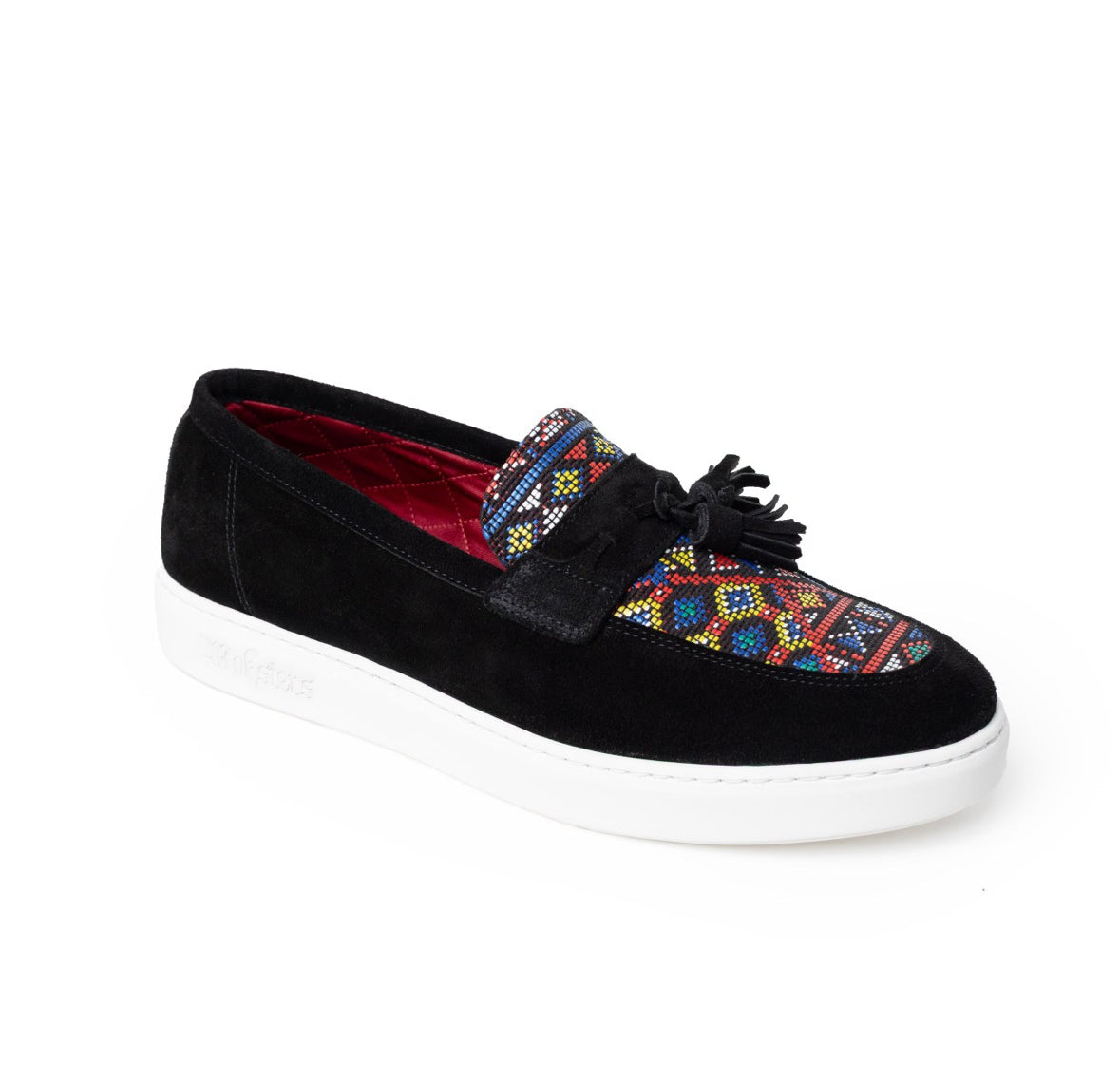 Black suede loafer with tassels  side view 