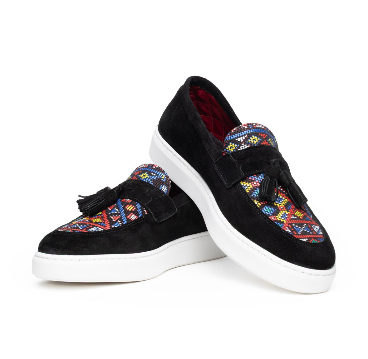 Azteca black suede slip-on shoes with colorful patterned and tassels 
