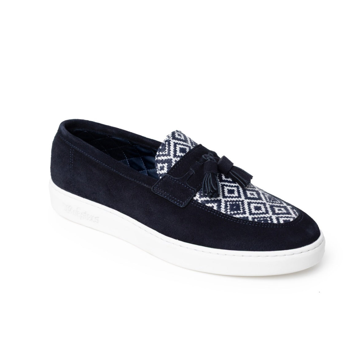 Gatsby navy suede slip-on shoe with white geometric pattern on a white background side 