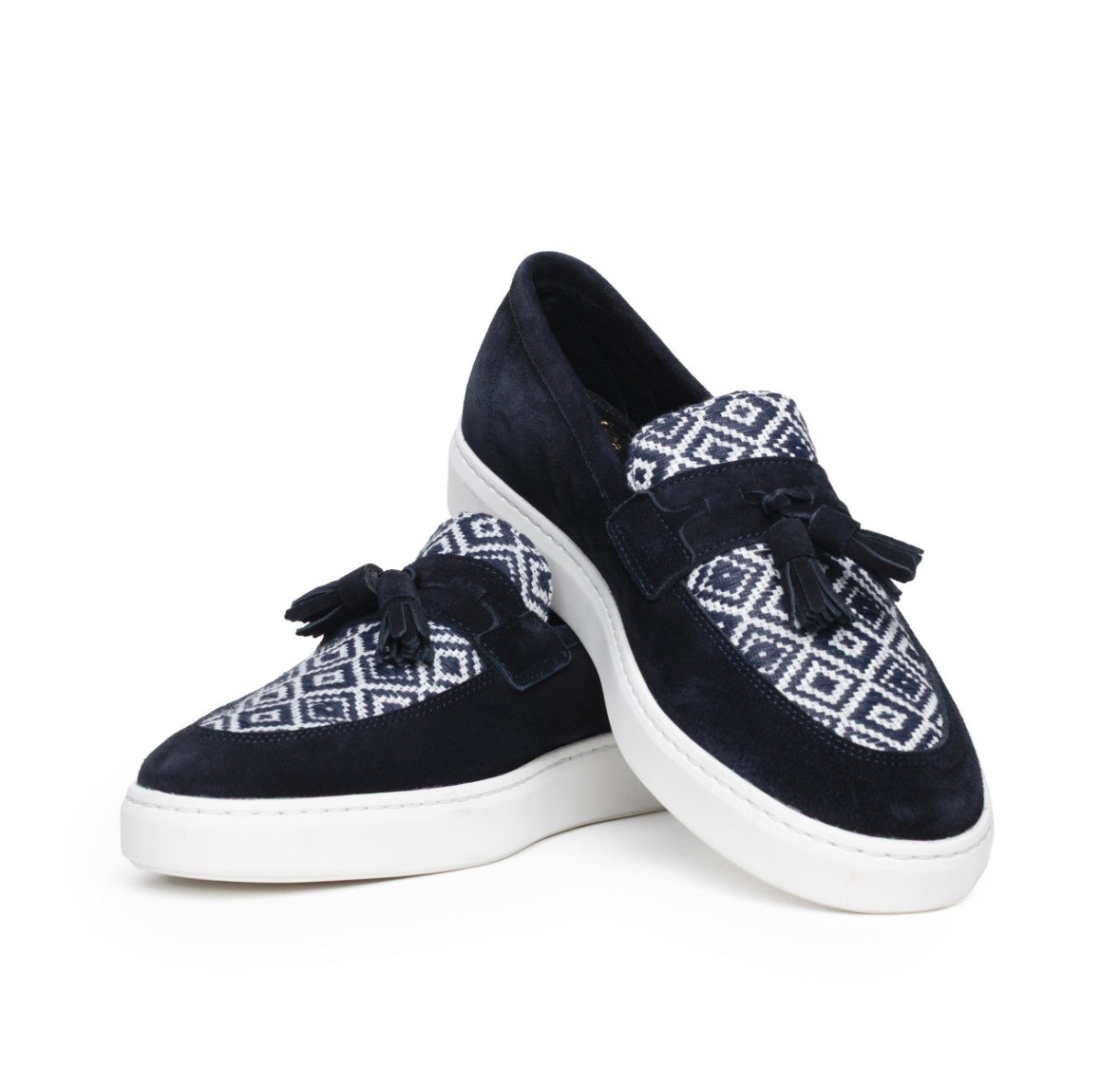 Gatsby navy suede loafers with tassels  front view 