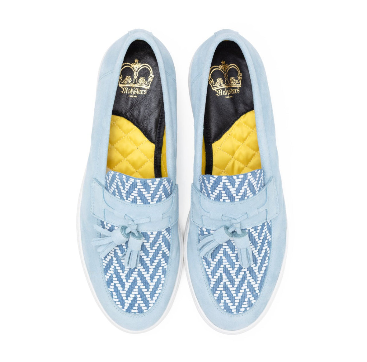 Light blue suede loafers with a yellow insole and brand logo on a white background